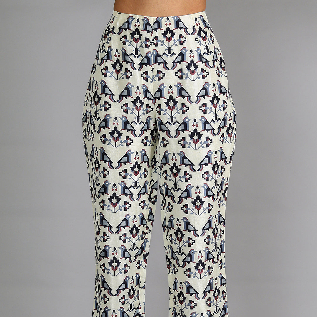 Bird Print Drape Top With Geometric Damask Print Straight Pants With Embroidery Detailing