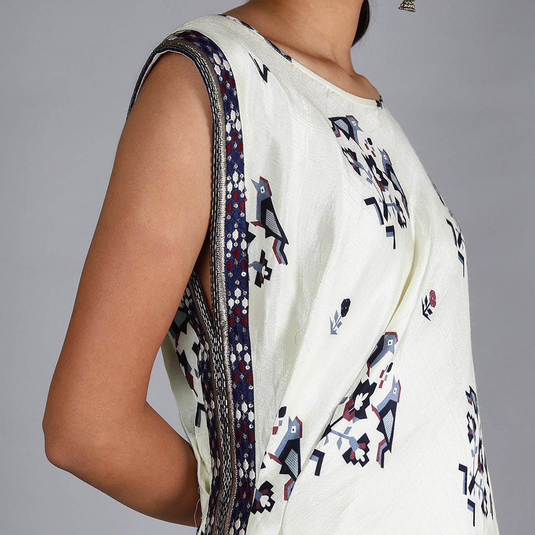 Bird Print Drape Top With Geometric Damask Print Straight Pants With Embroidery Detailing