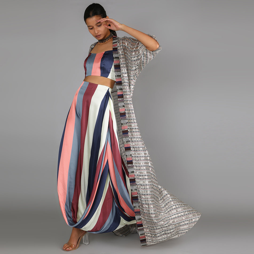 Stripe Print Bustier And Drape Skirt Paired With Jaali Print Chanderi Cape