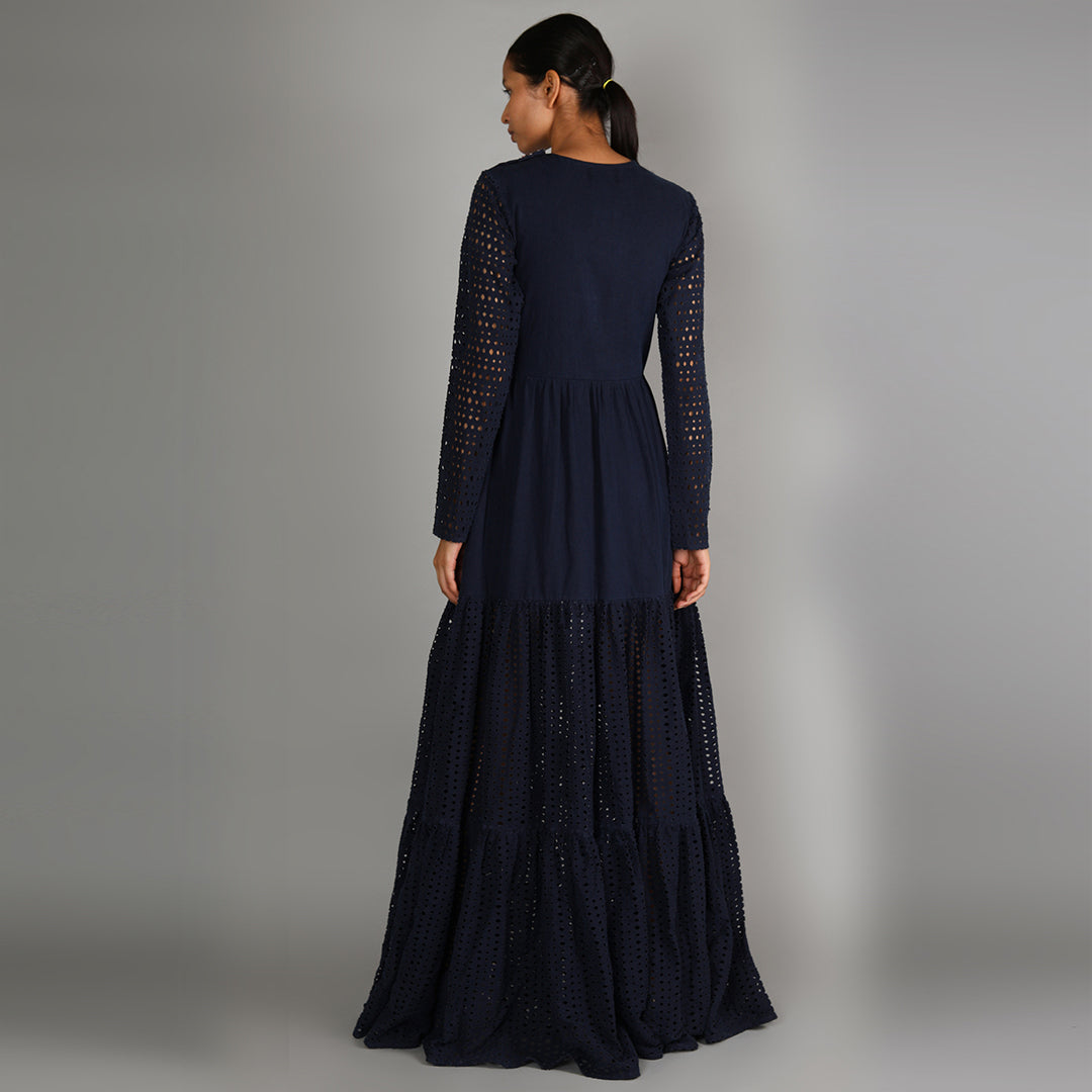 Dark Blue Denim Laser Cut Tiered Dress With Embellished Yoke