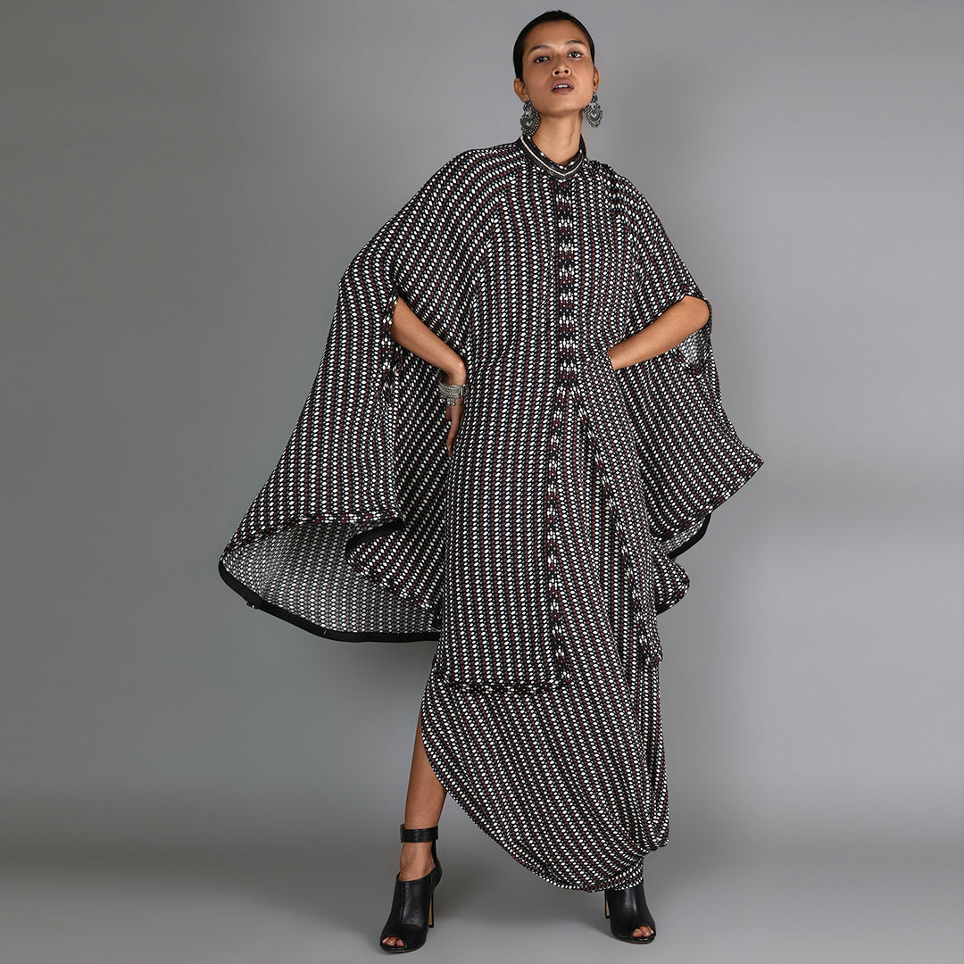 Black Jaali Print Cape Top With Printed Drape Skirt