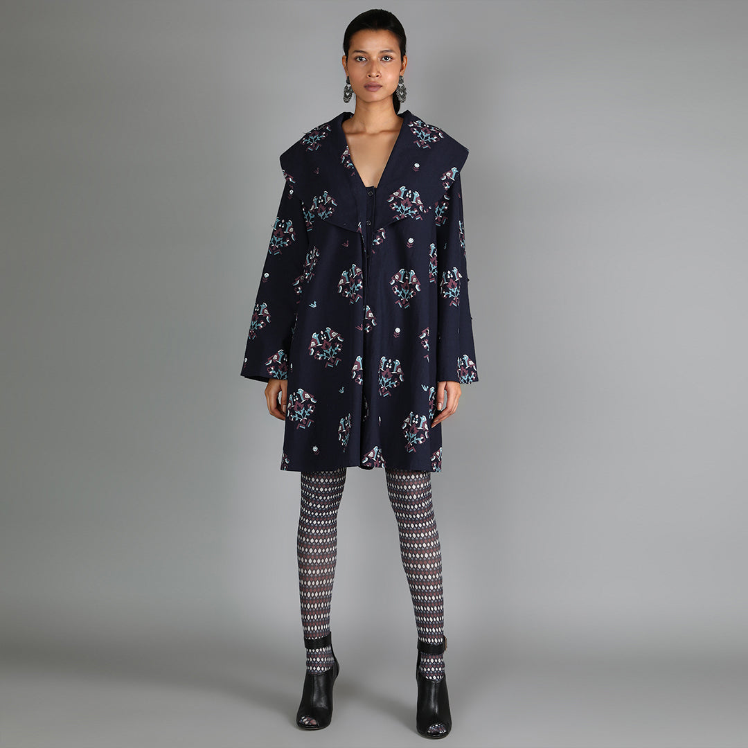 Dark Blue Bird Print Denim Oversized Jacket Paired With Printed Stockings