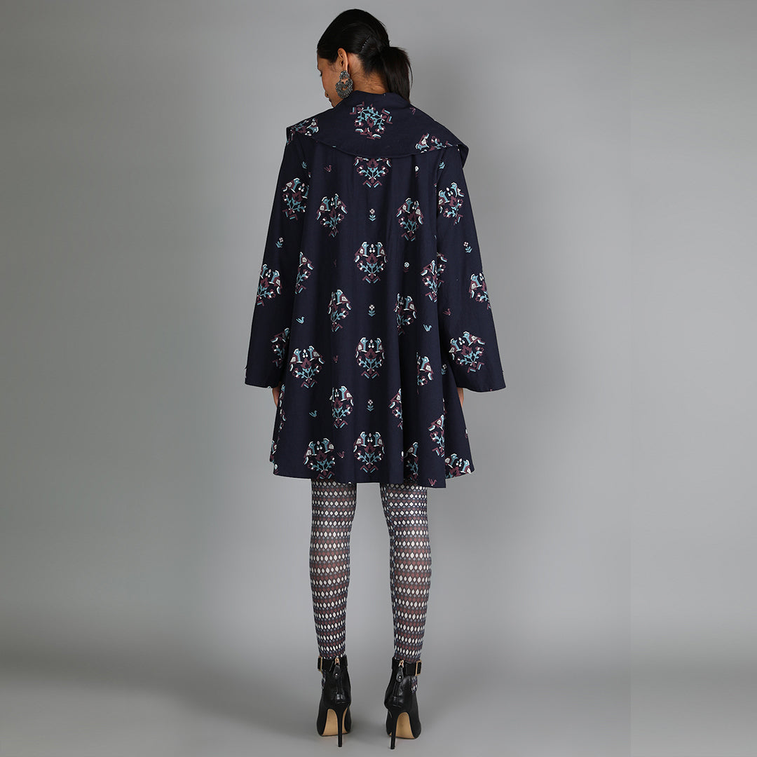 Dark Blue Bird Print Denim Oversized Jacket Paired With Printed Stockings