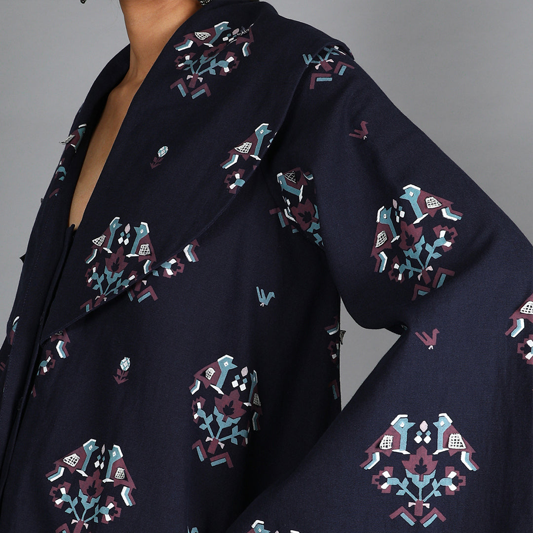 Dark Blue Bird Print Denim Oversized Jacket Paired With Printed Stockings