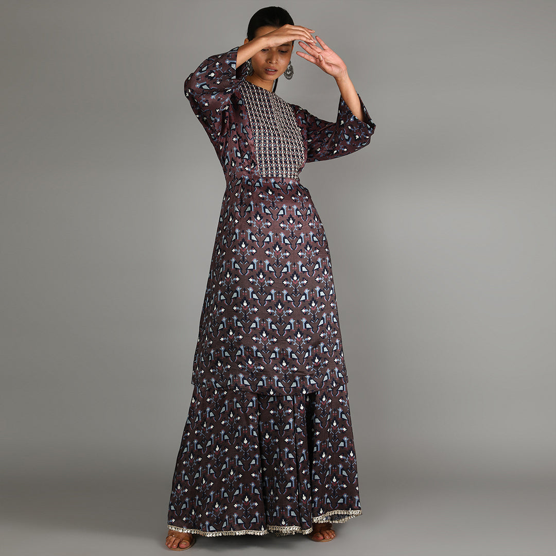 Merlot Ombre Geometric Damask Print Kurta With Embellished Yoke Paired With Sharara Pants