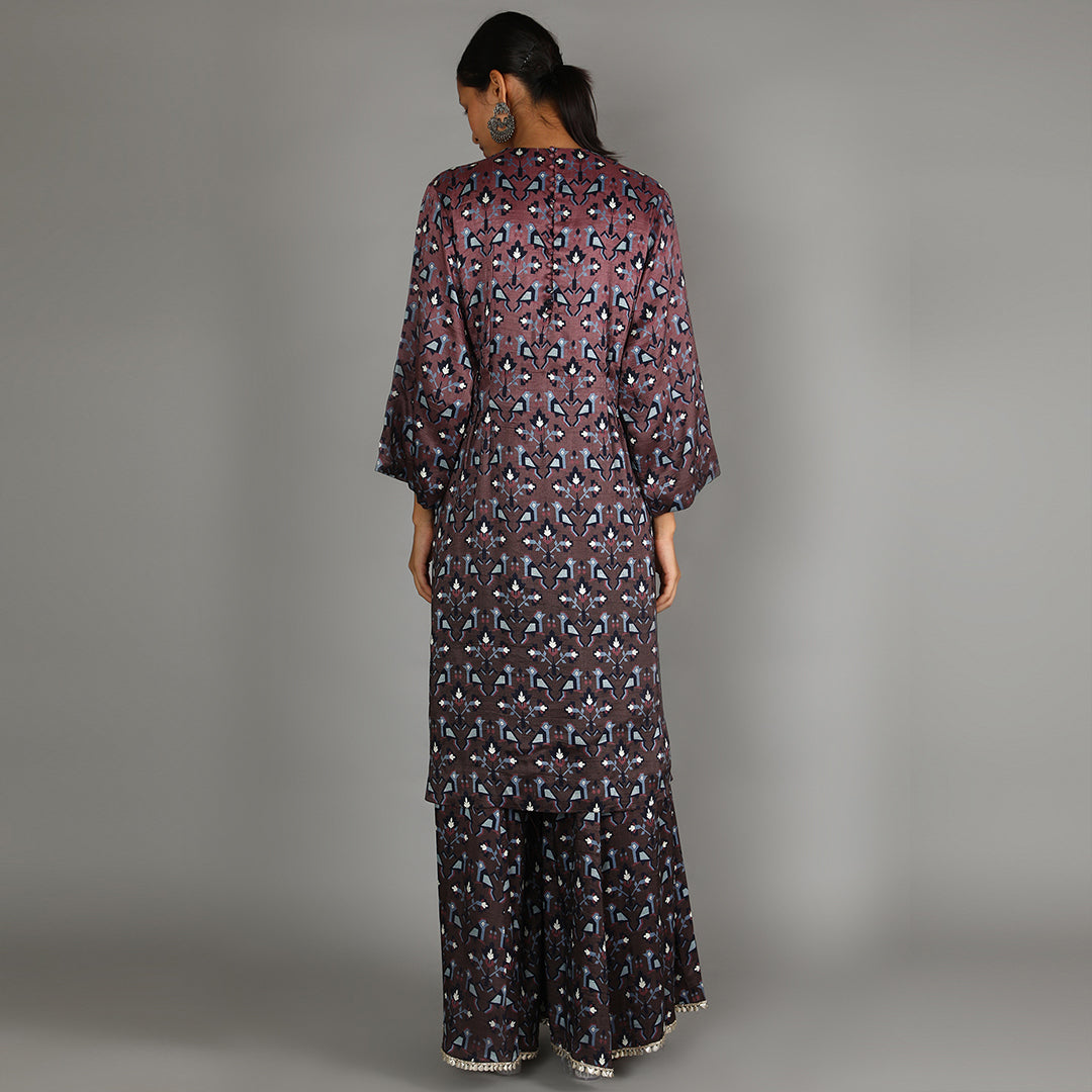 Merlot Ombre Geometric Damask Print Kurta With Embellished Yoke Paired With Sharara Pants