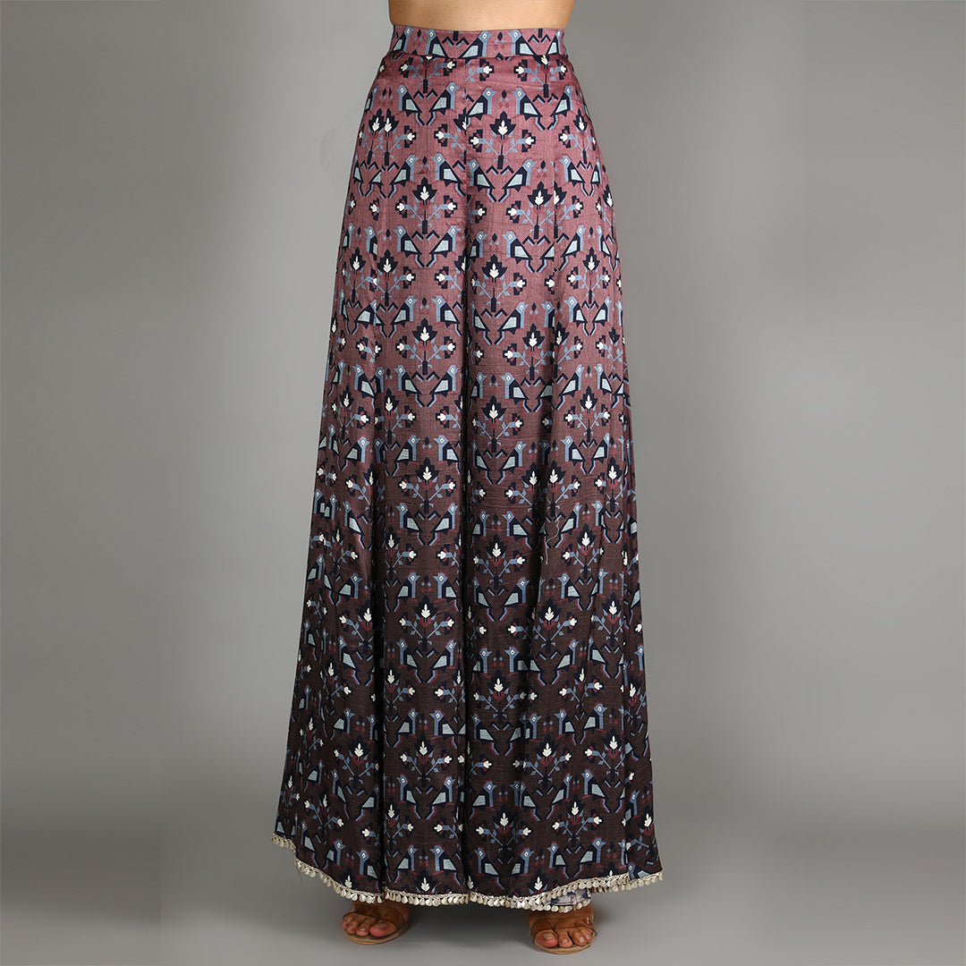 Merlot Ombre Geometric Damask Print Kurta With Embellished Yoke Paired With Sharara Pants