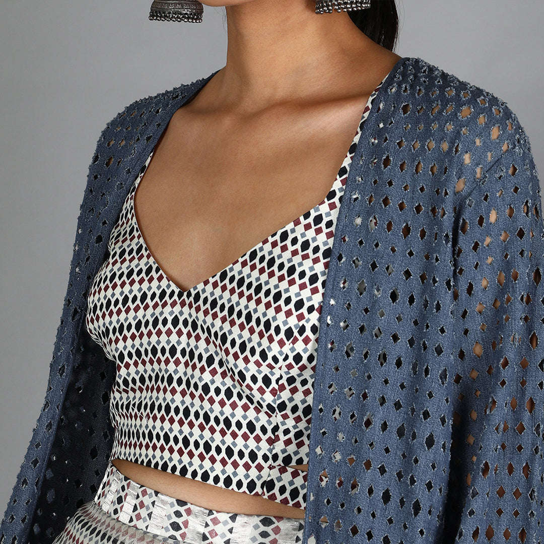 White Jaali Print Chanderi Drape Skirt With Printed Bustier Paired With Denim Laser Cut Jacket