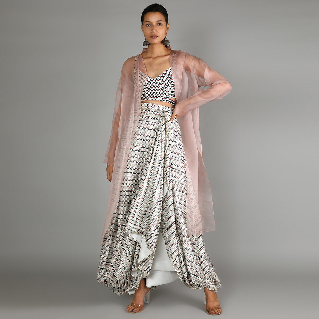 White Jaali Print Chanderi Drape Skirt With Printed Bustier Paired With Blush Pink Organza Jacket