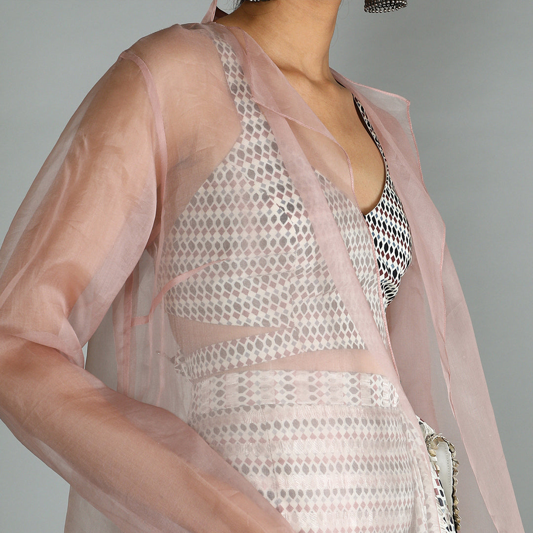 White Jaali Print Chanderi Drape Skirt With Printed Bustier Paired With Blush Pink Organza Jacket