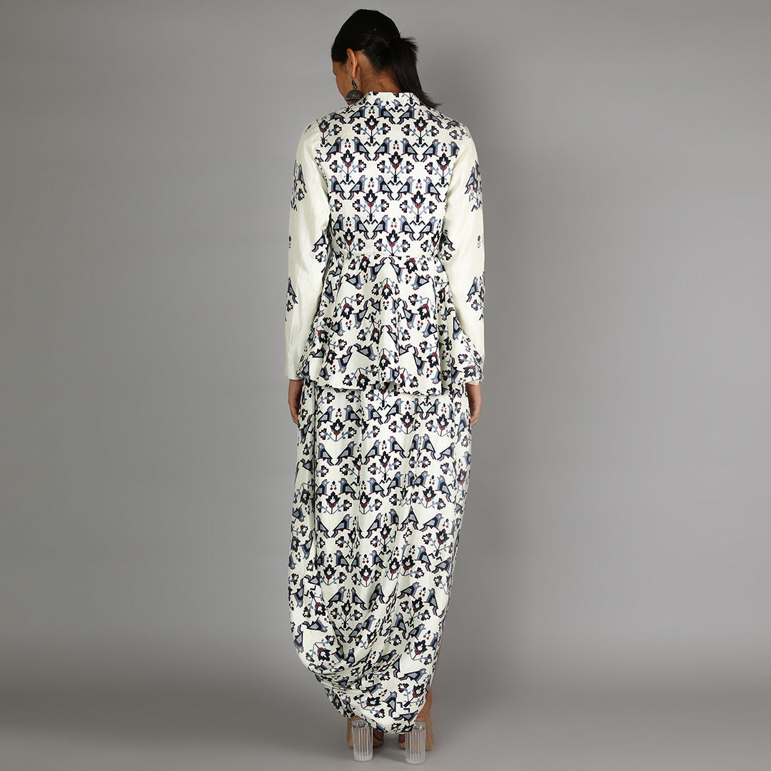 White Geometric Damask Print Peplum Paired With Printed Skirt