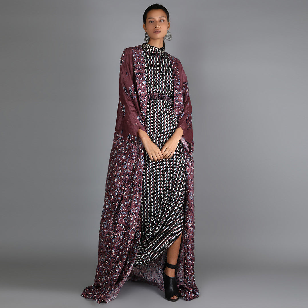 Black Jaali Print Drape Dress With Merlot Half Bird Print And Half Geometric Damask Print Cape With Embroidery Detailing