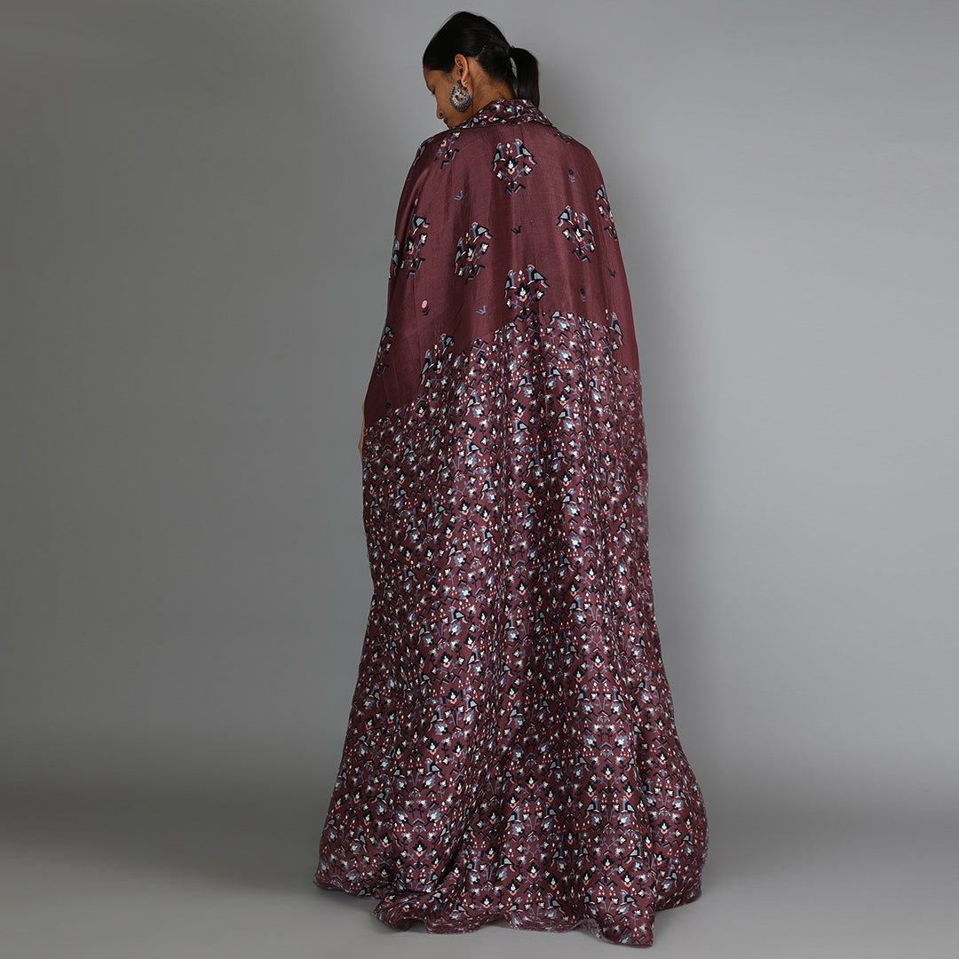 Black Jaali Print Drape Dress With Merlot Half Bird Print And Half Geometric Damask Print Cape With Embroidery Detailing