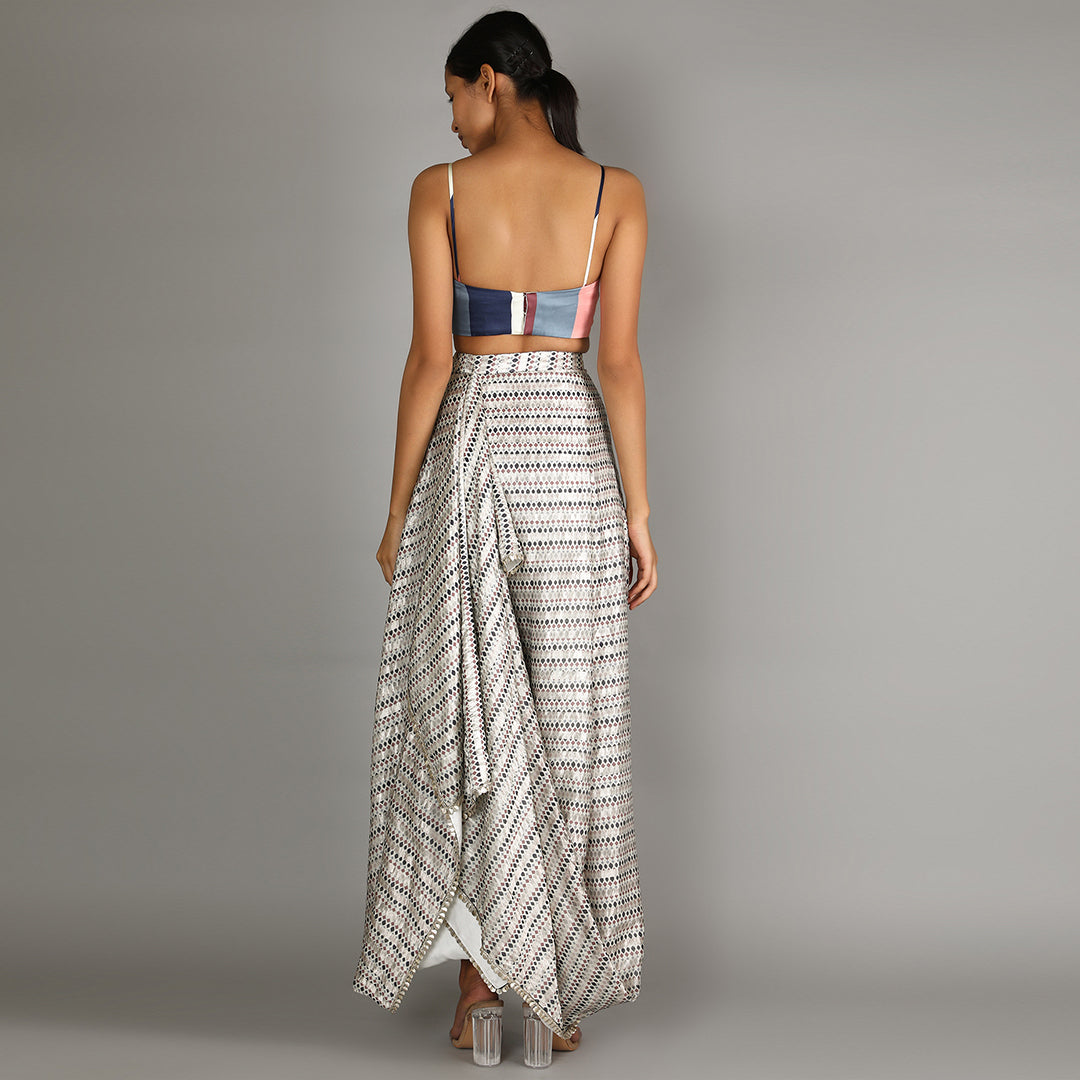 White Jaali Print Chanderi Drape Skirt And Cape Paired With Stripe Print Bustier