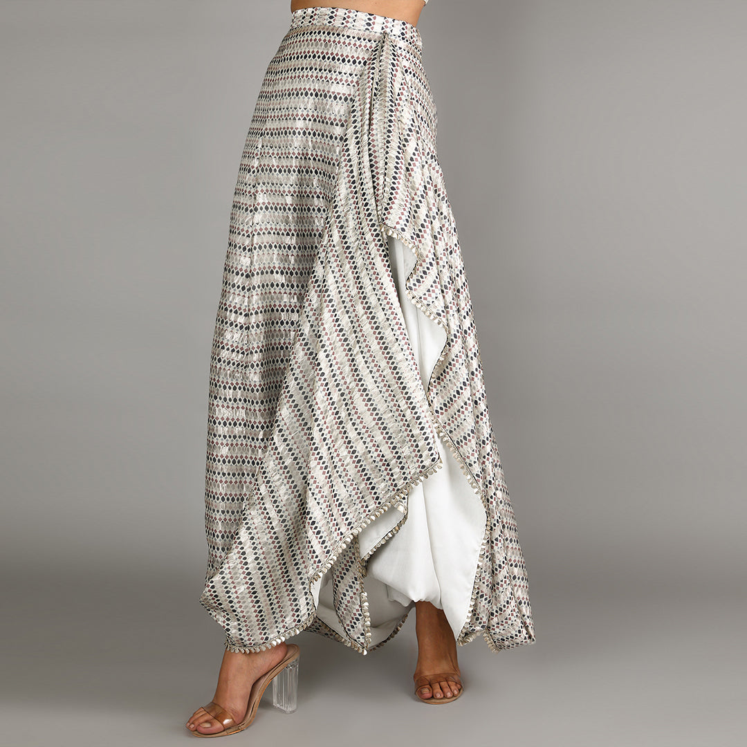 White Jaali Print Chanderi Drape Skirt And Cape Paired With Stripe Print Bustier