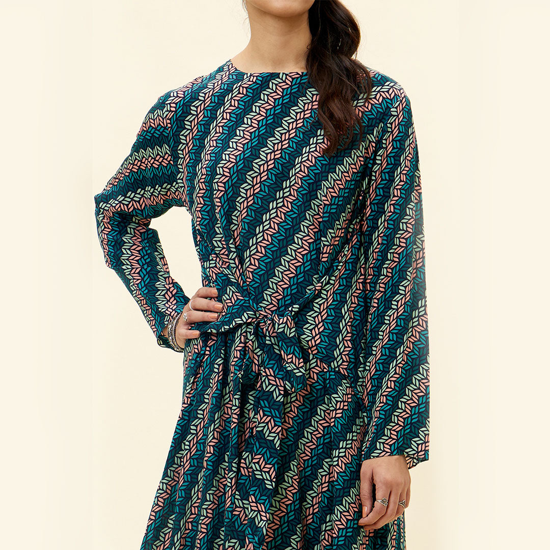 BLUE LEAF PRINT  FRONT TIE UP TUNIC SET