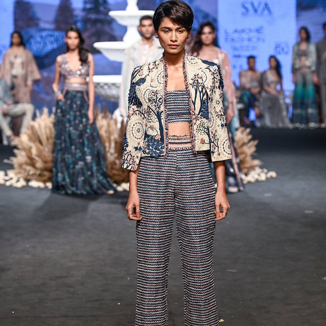 EMBROIDERED NOOR JACKET WITH SCALLOP BUSTIER AND SCALLOP PANTS