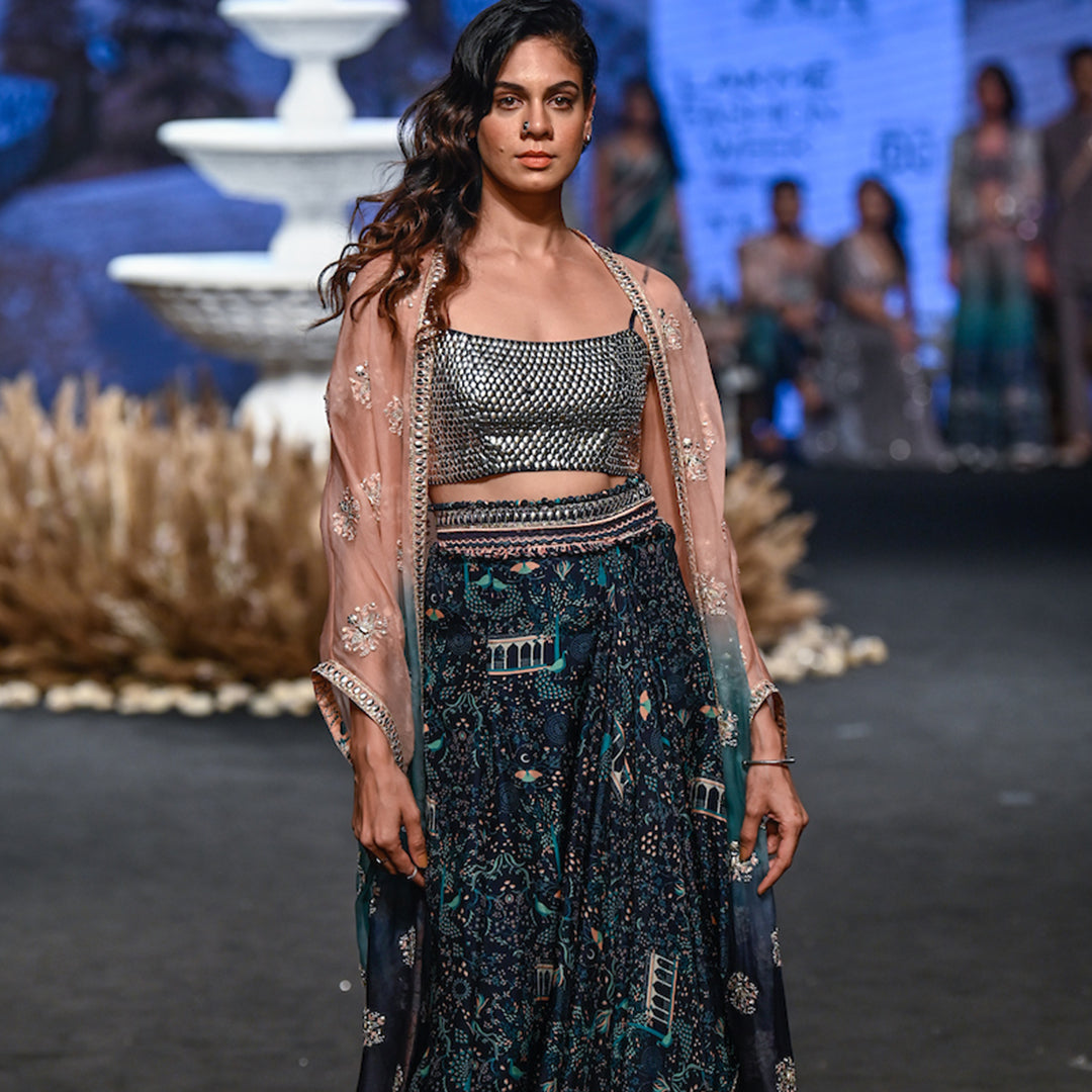 OMBRE CAPE WITH SILVER EMBROIDERED BUSTIER AND NUSRAT DRAPE SKIRT