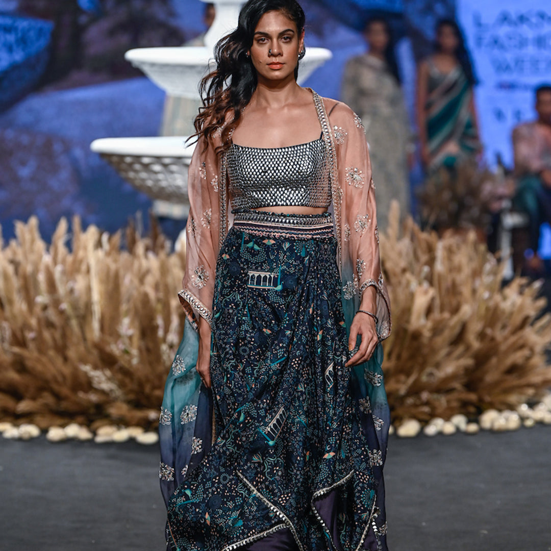 OMBRE CAPE WITH SILVER EMBROIDERED BUSTIER AND NUSRAT DRAPE SKIRT