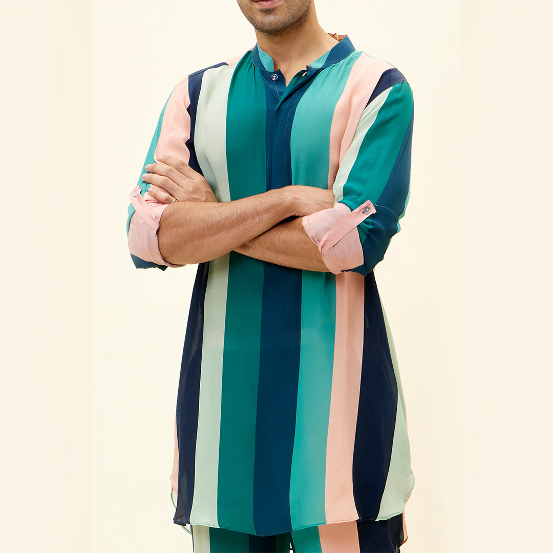 STRIPES PRINT SHORT SHIRT STYLE KURTA WITH PANTS