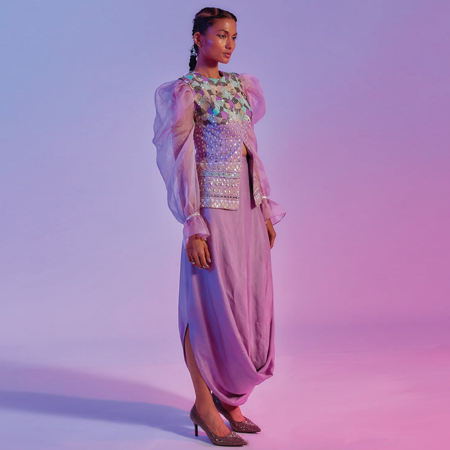 INTRICATE EMBELLISHED LILAC JACKET WITH EXAGGERATED ORGANZA SLEEVES TEAMED WITH A DRAPE SKIRT