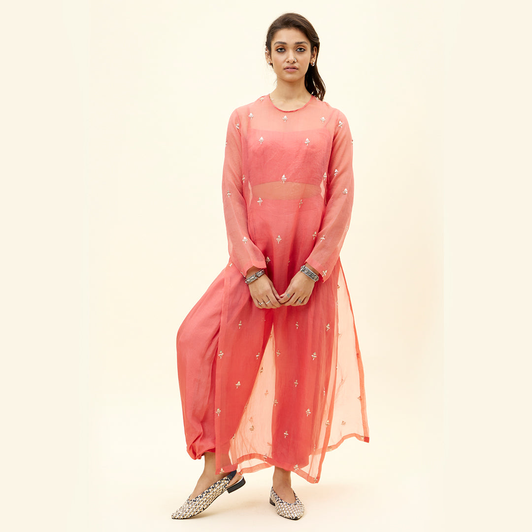 D.CORAL DRAPY PANTS WITH BUSTIER AND ORGANZA KURTA