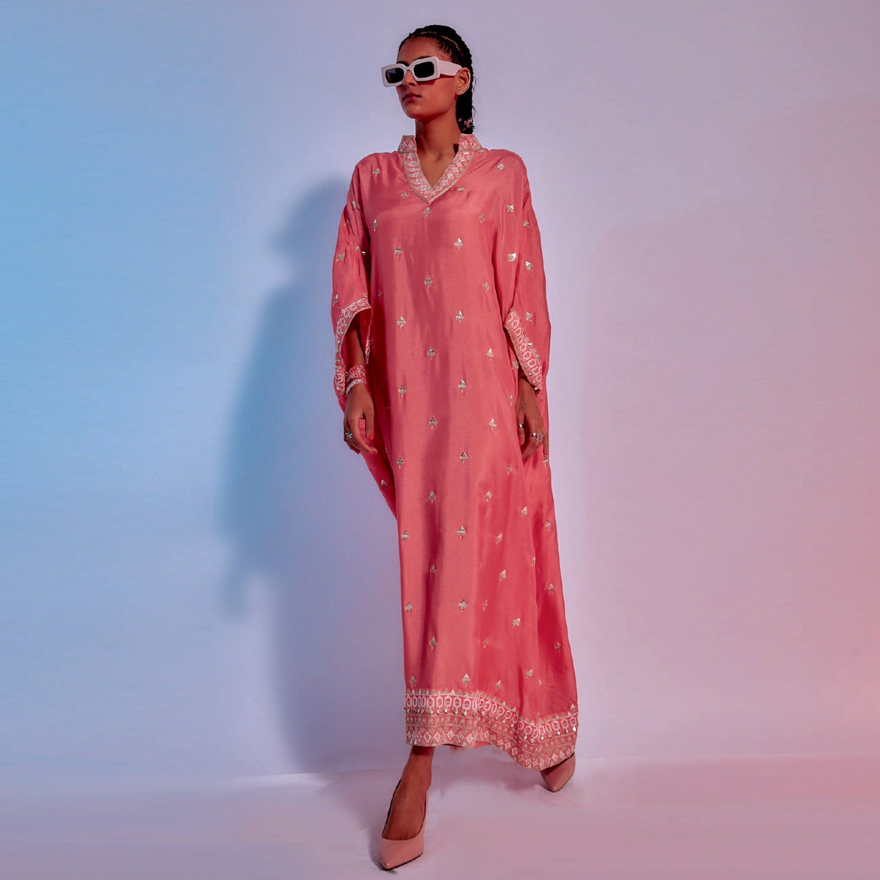 CORAL EMBELLISHED SUMMER SILK KAFTAN