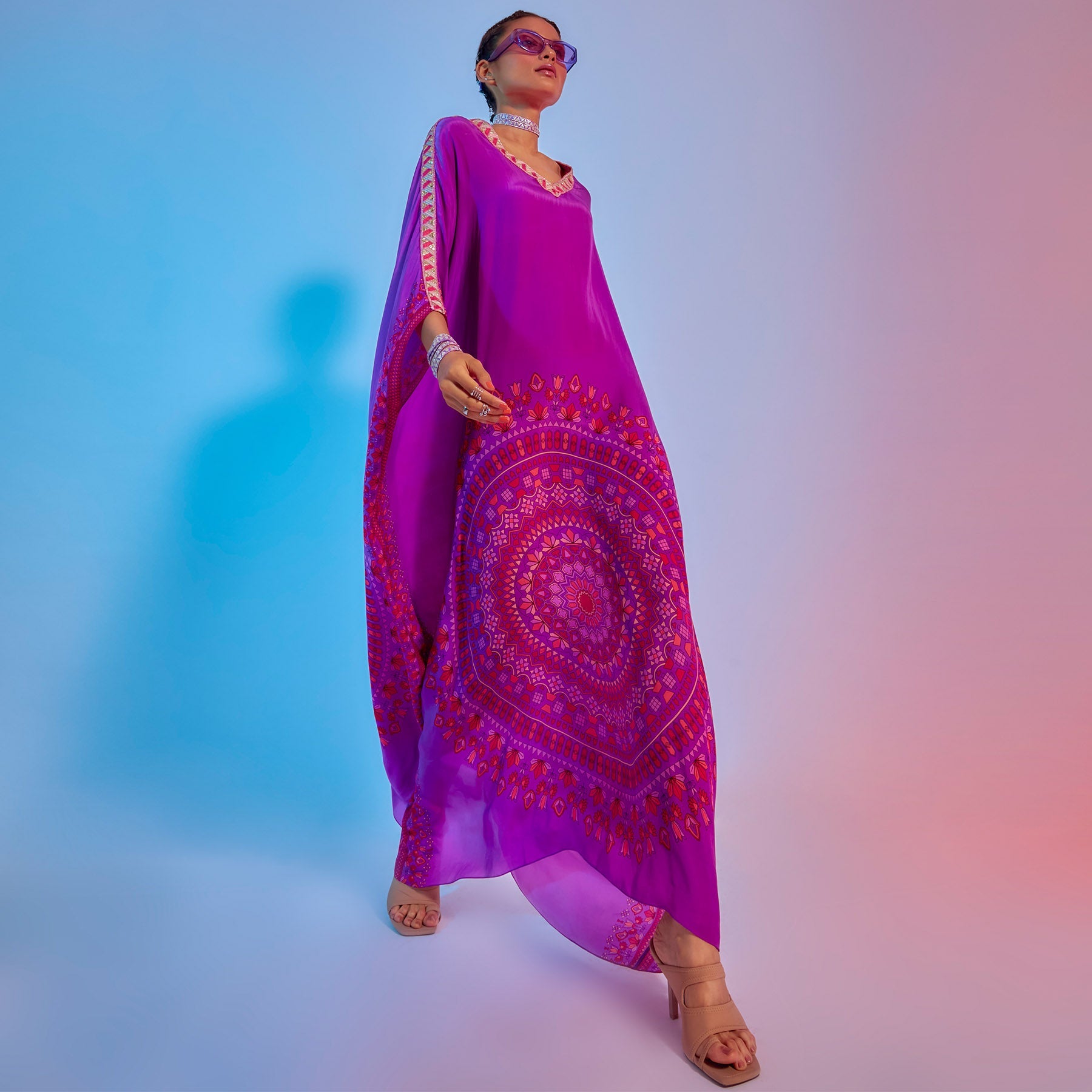 PURPLE RAVI PRINT KAFTAN WITH EMBELLISHED NECKLINE