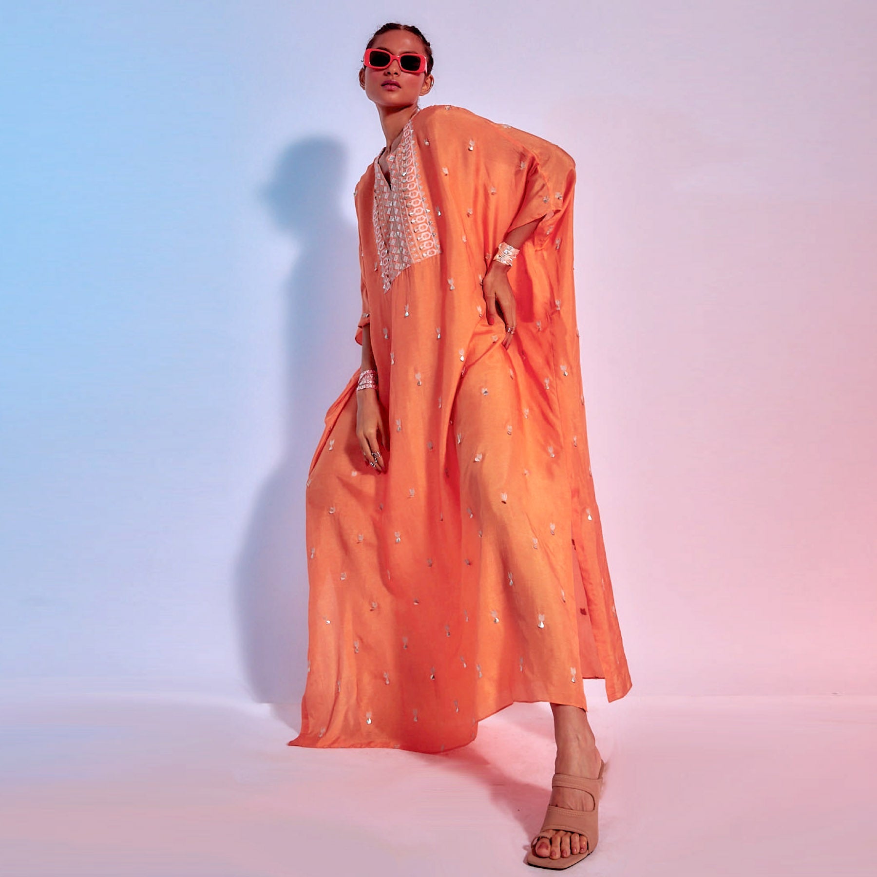 ORANGE EMBELLISHED SUMMER SILK KAFTAN