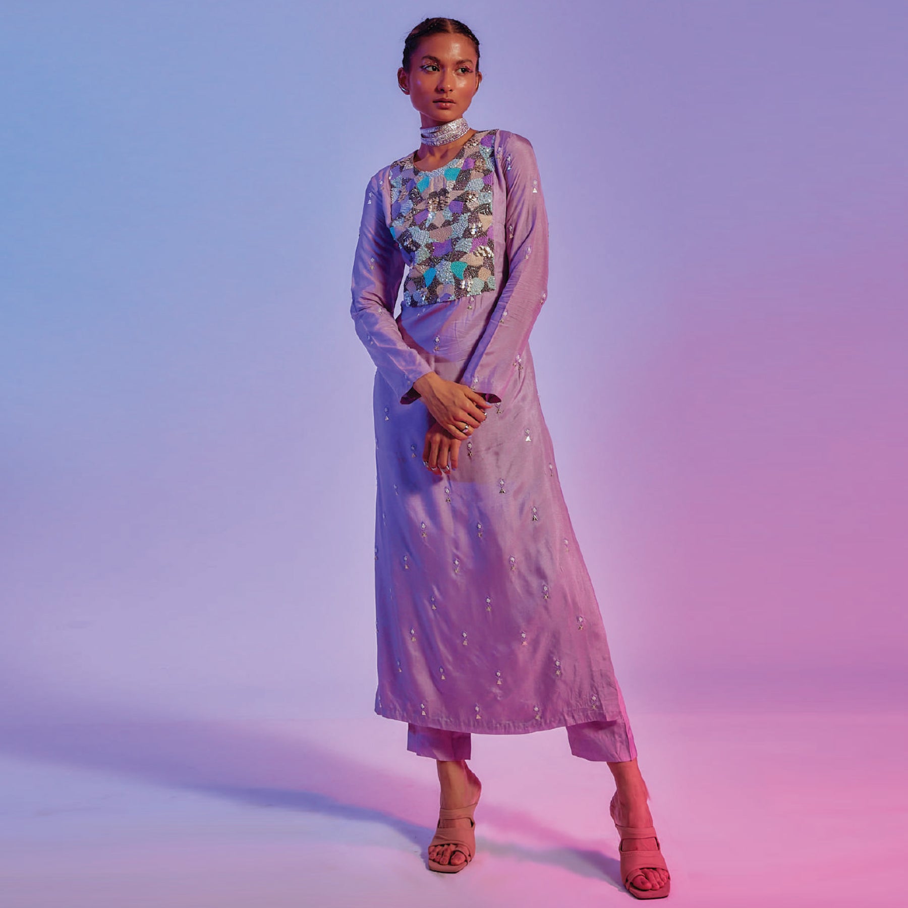 LILAC EMBELLISHED YOKE KURTA TEAMED WITH LILAC CIGARETTE PANTS