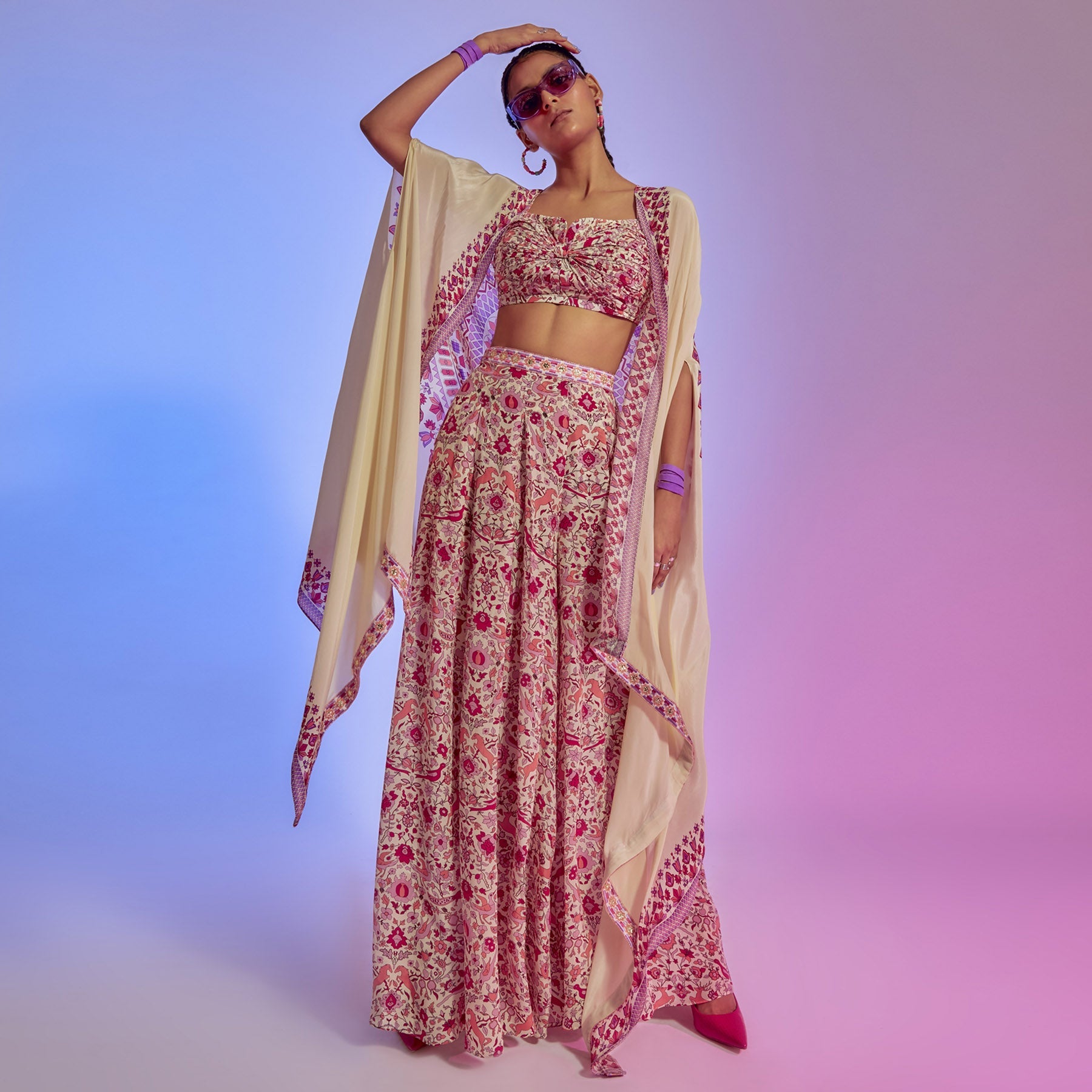 IVORY SAANJH FLORAL PRINTED BOX PLEATED PANTS WITH BIKINI BUSTIER & RAVI PRINT CAPE