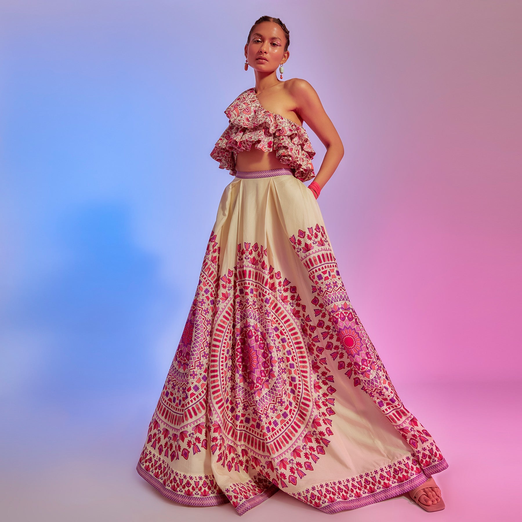 IVORY RAVI PRINT BOX PLEATED LEHENGA WITH IVORY SAANJH FLORAL FLOUNCY BLOUSE