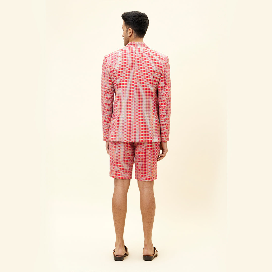 RED AND ORANGE LATTICE PRINT BLAZER AND SHORTS