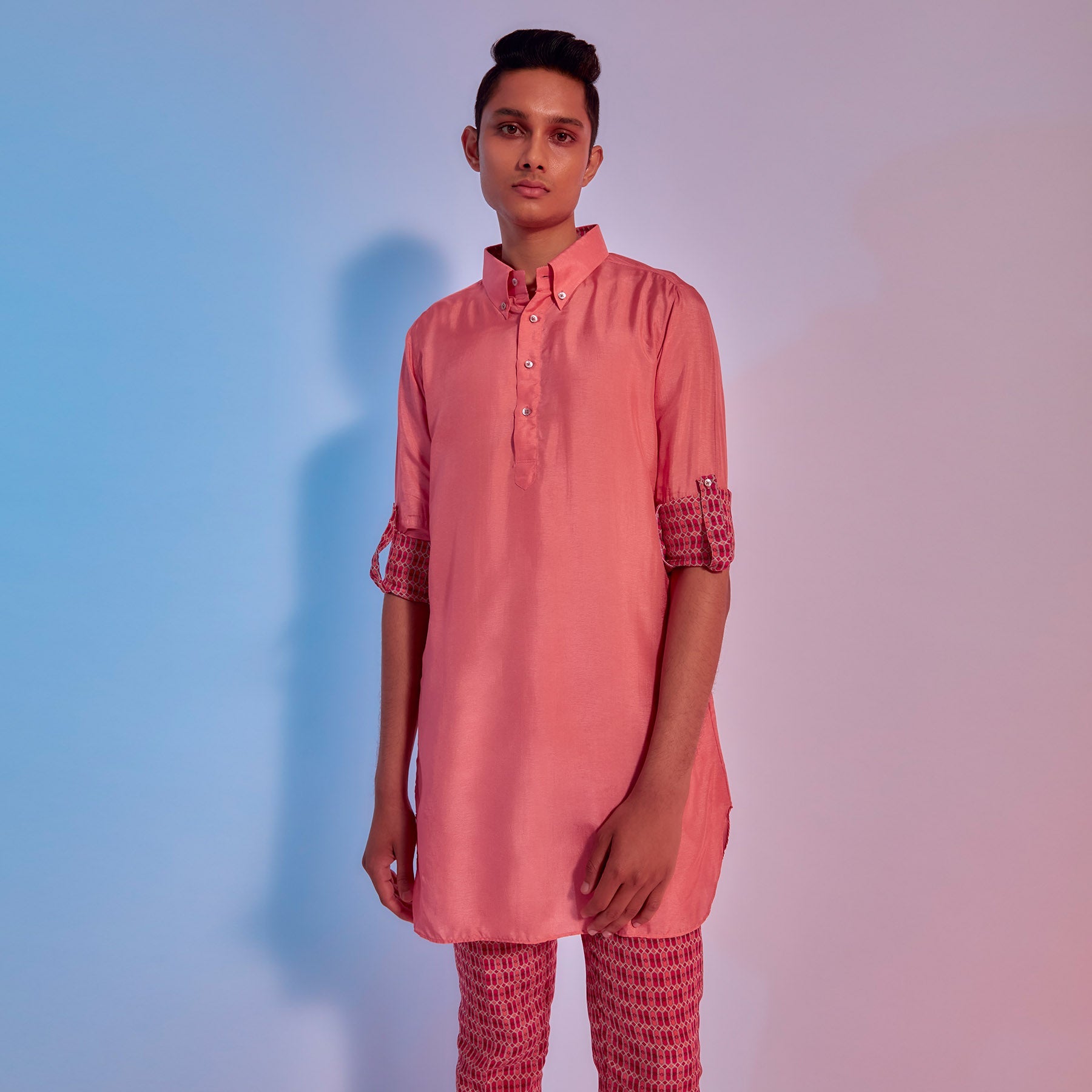 LIGHT CORAL SHIRT STYLE KURTA WITH LATTICE PRINTED ROLLED UP SLEEVES