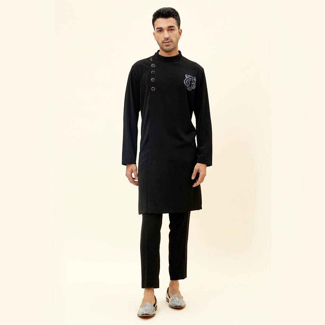 BLACK VOLVO OVERLAP KURTA WITH TIGER EMB ON SIDE WITH PANTS