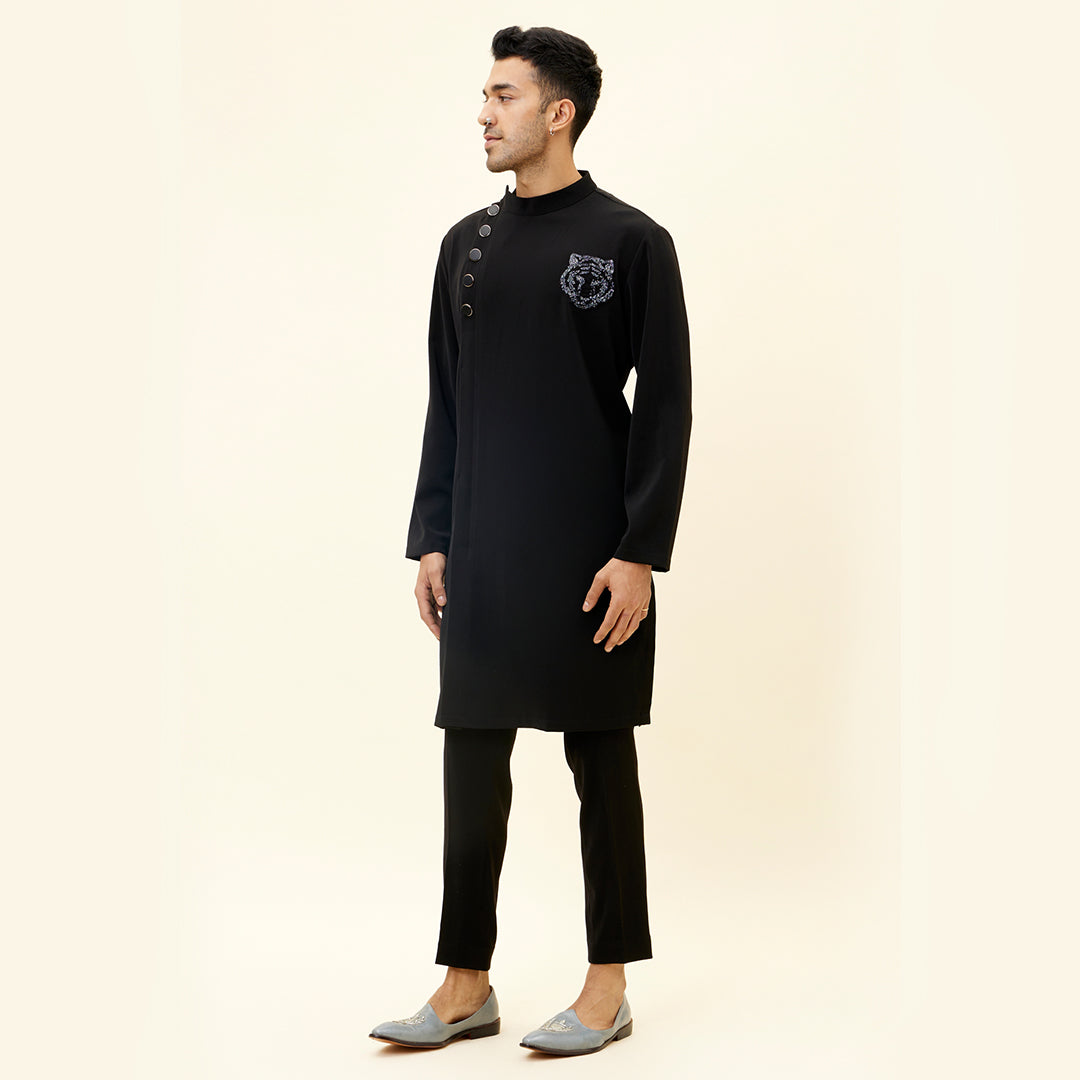 BLACK VOLVO OVERLAP KURTA WITH TIGER EMB ON SIDE WITH PANTS