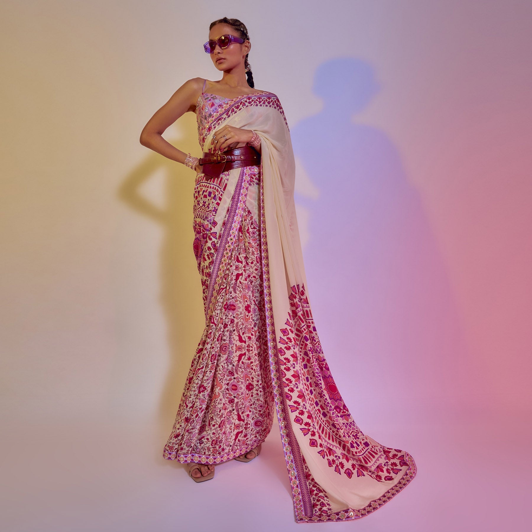 RAVI PRINT PALLU WITH IVORY SAANJH FLORAL PRINT SAREE TEAMED WITH A LILAC EMBELLISHED BUSTIER