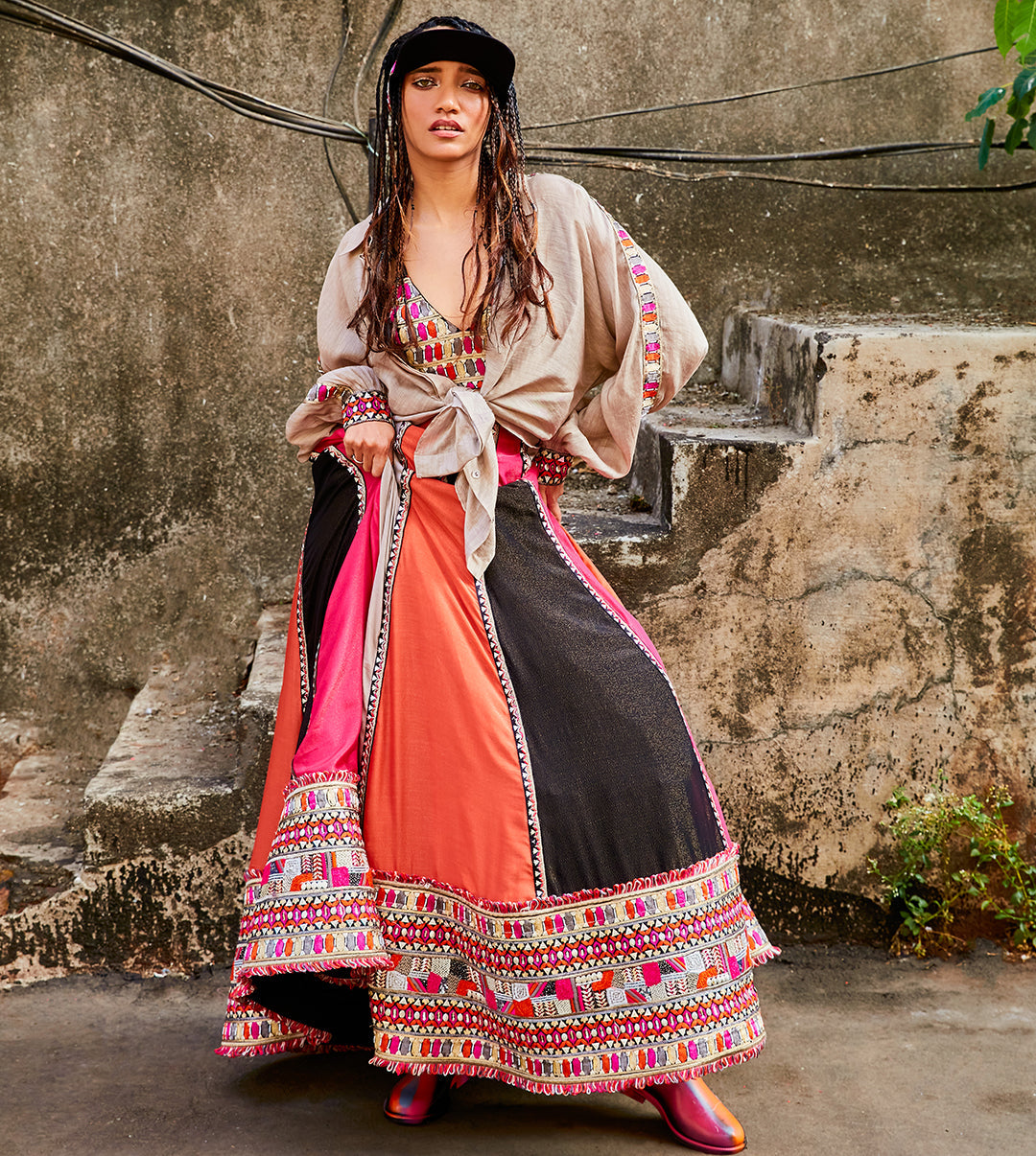 COLOUR BLOCK EMBELLISHED LEHENGA TEAMED WITH LINEN OVERSIZED SHIRT AND EMBELLISHED BUSTIER