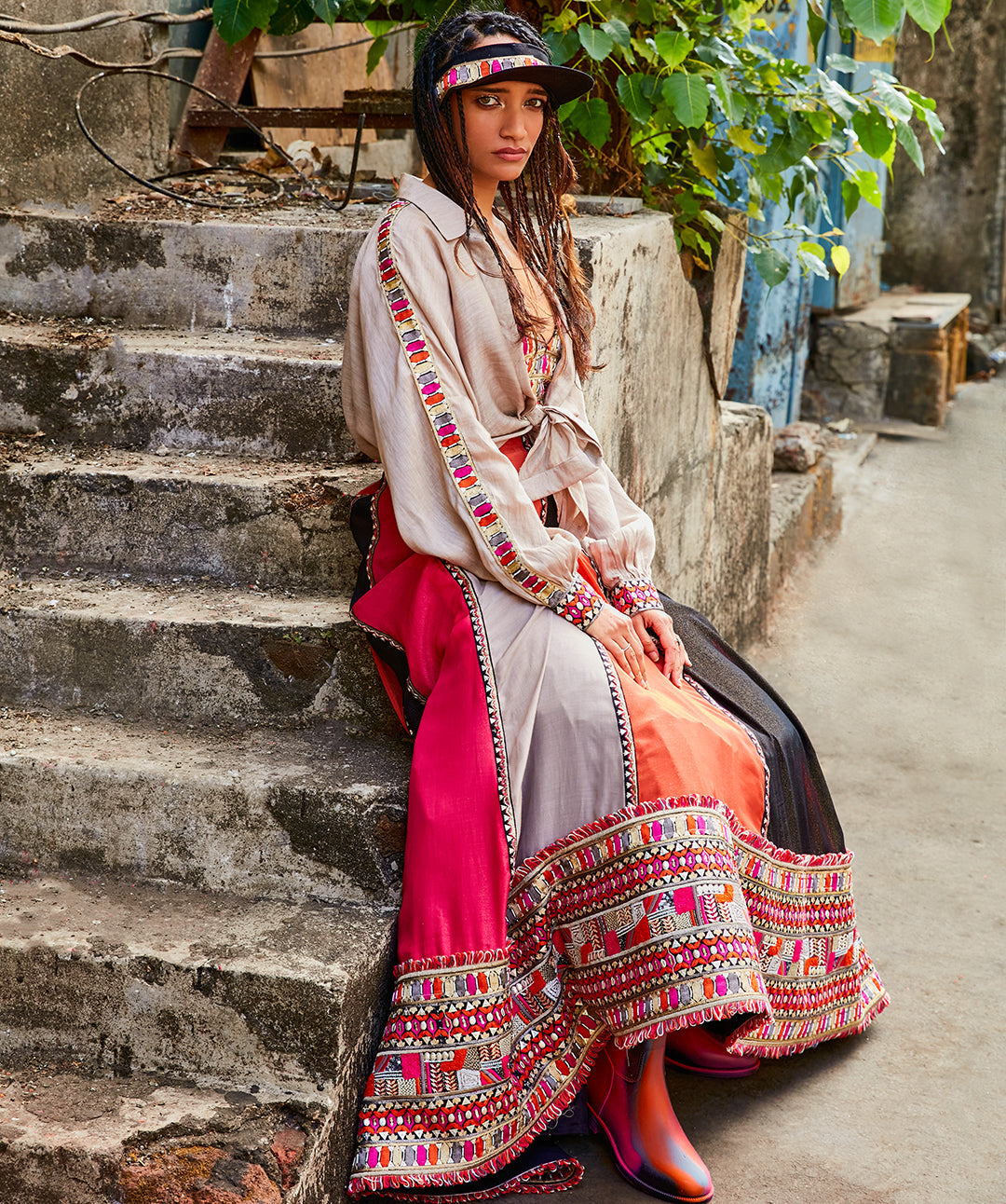 COLOUR BLOCK EMBELLISHED LEHENGA TEAMED WITH LINEN OVERSIZED SHIRT AND EMBELLISHED BUSTIER