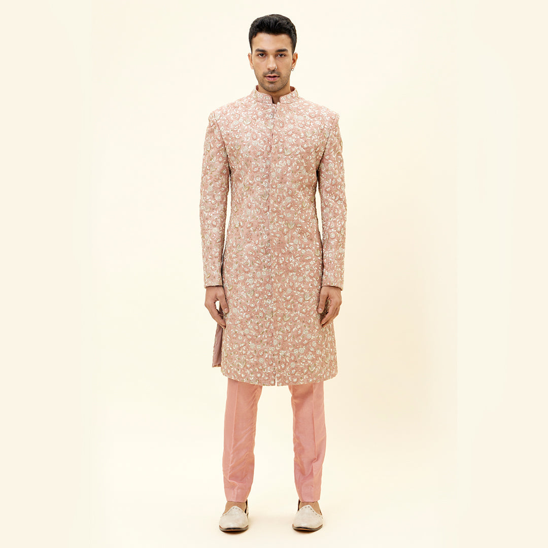 OLD ROSE SELF EMBROIDERED SHERWANI WITH PANTS