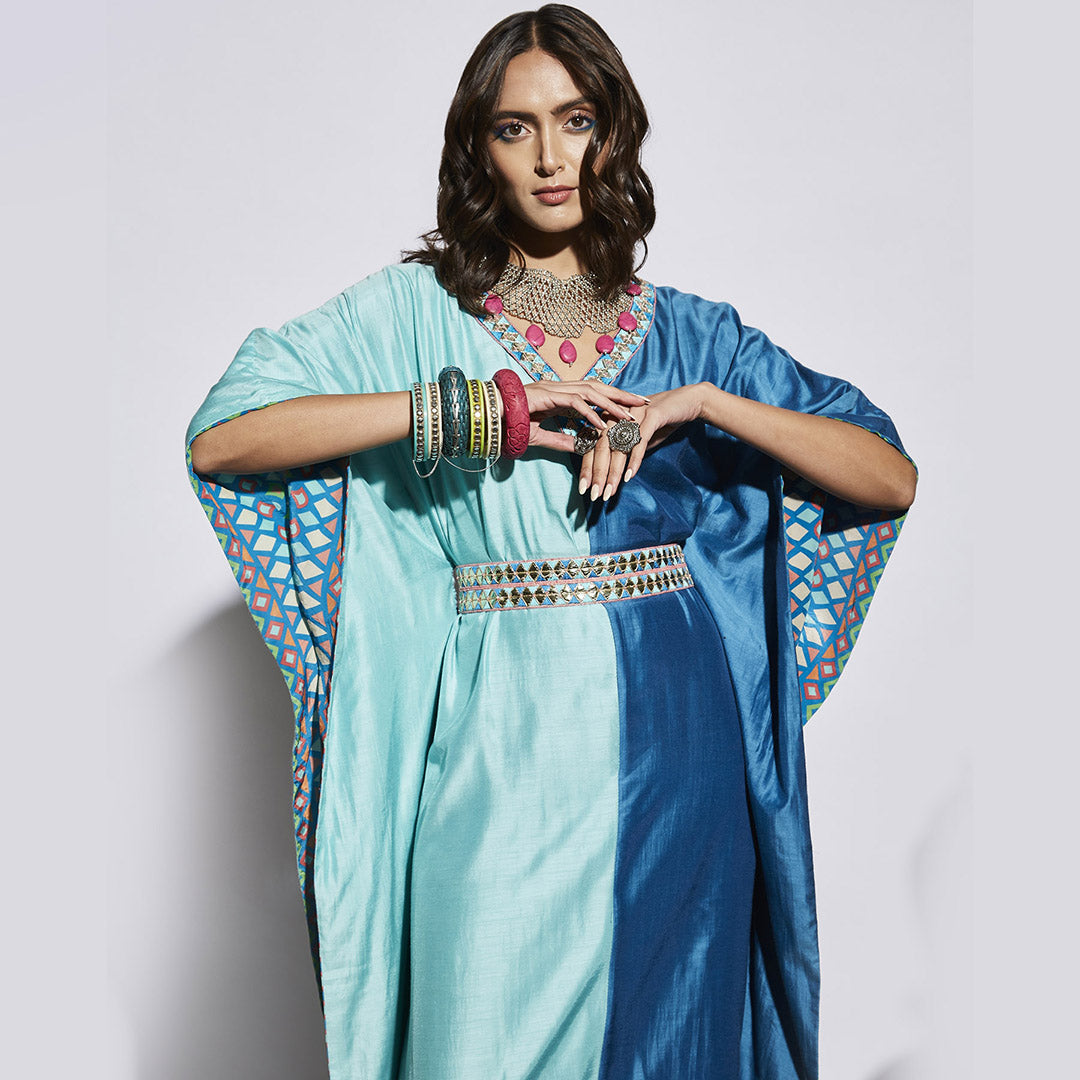 BLUE HALF AND HALF KAFTAN WITH BELT