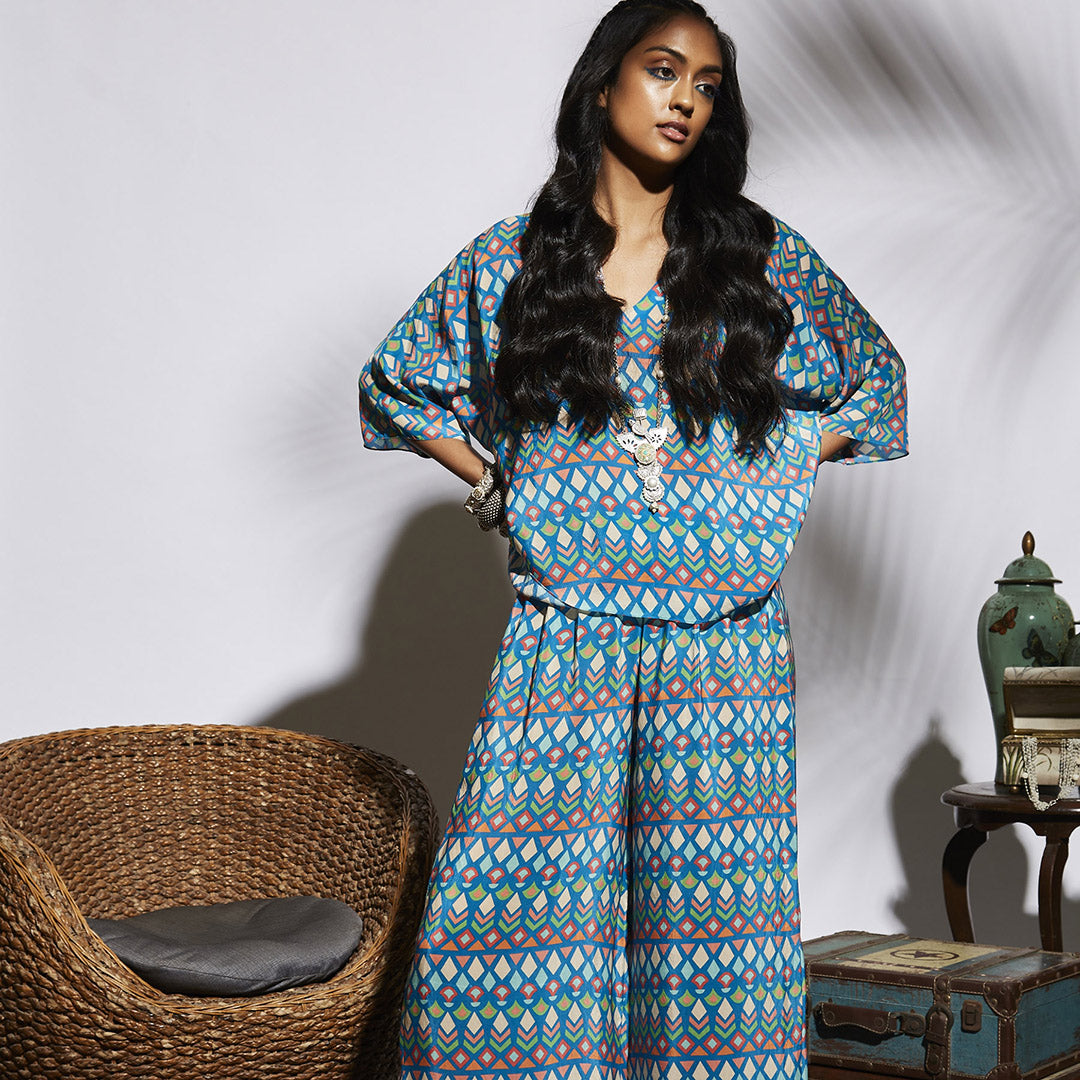 BLUE GEO PRINT PRINTED COORD SET