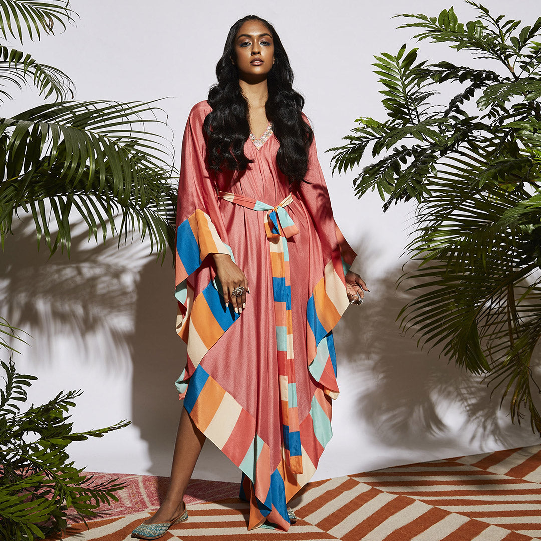 PINK ASYMMETRICAL KAFTAN WITH BELT WITH STRIPE BORDER, TRIANGLE NECK BORDER