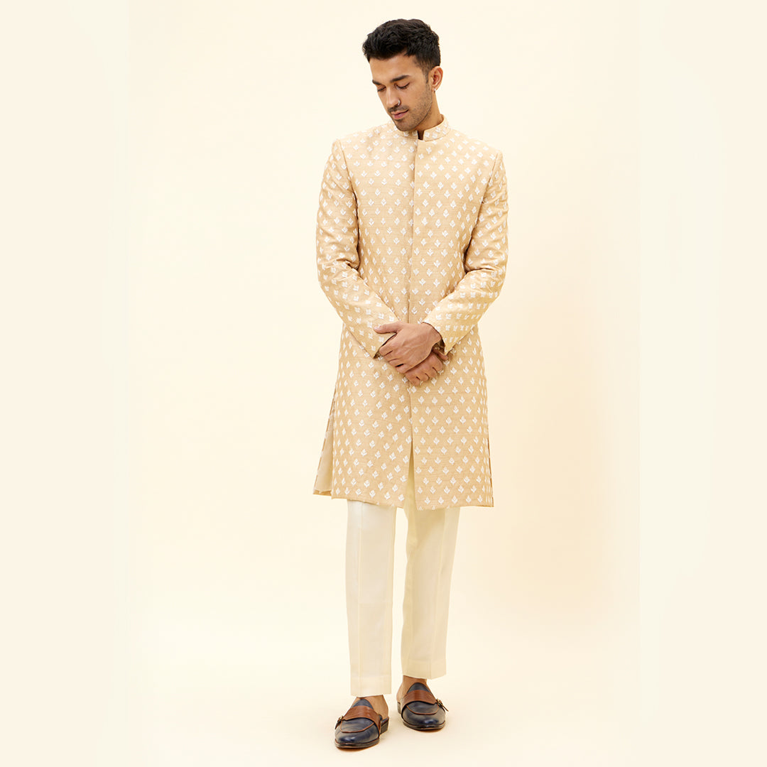 BEIEGE SHERWANI WITH WHITE BUTTI EMB WITH PANTS