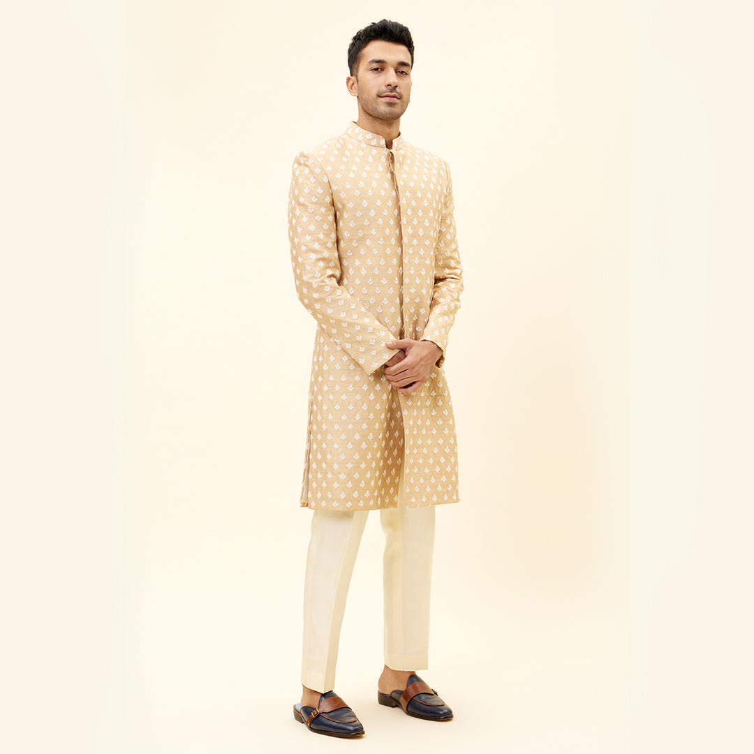 BEIEGE SHERWANI WITH WHITE BUTTI EMB WITH PANTS