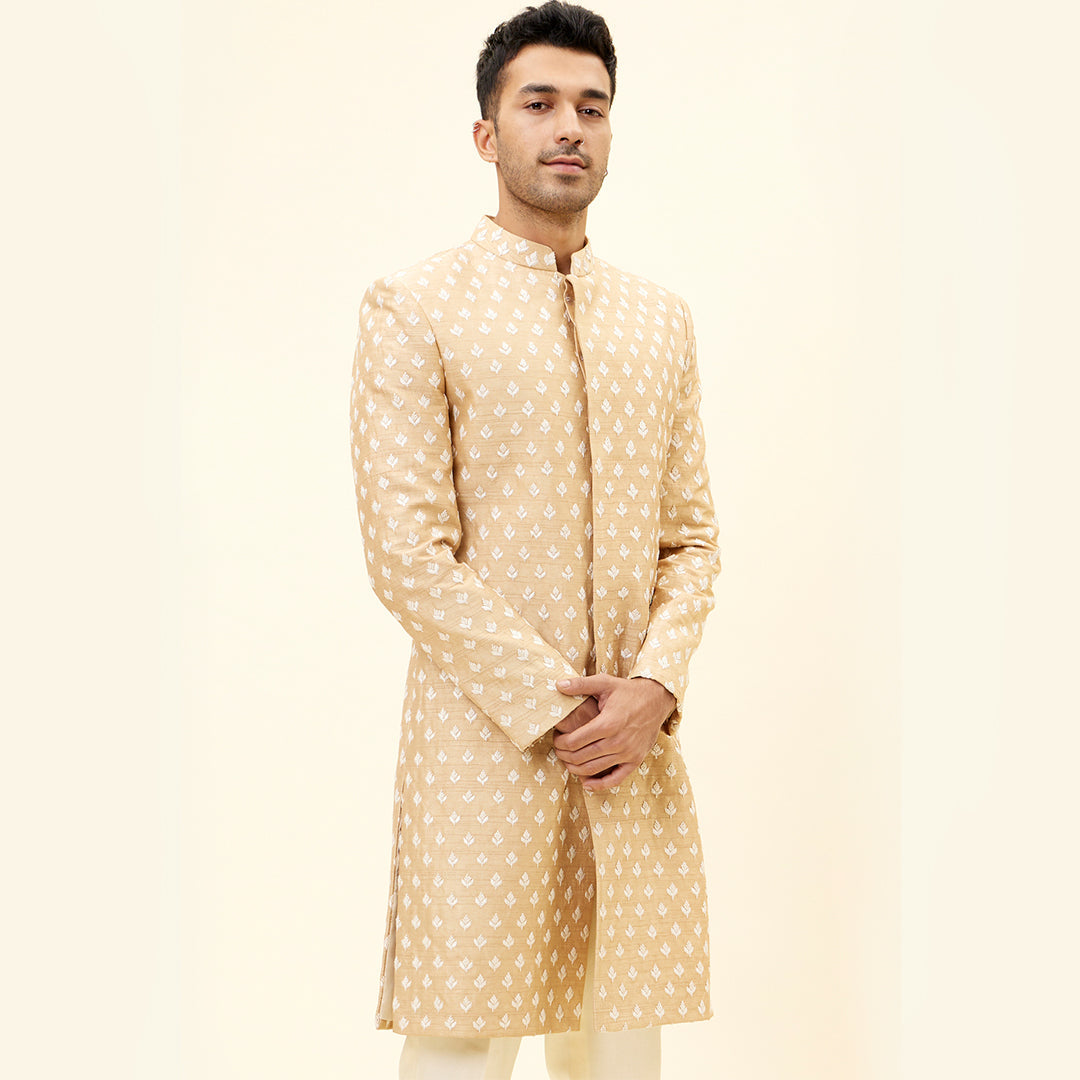 BEIEGE SHERWANI WITH WHITE BUTTI EMB WITH PANTS