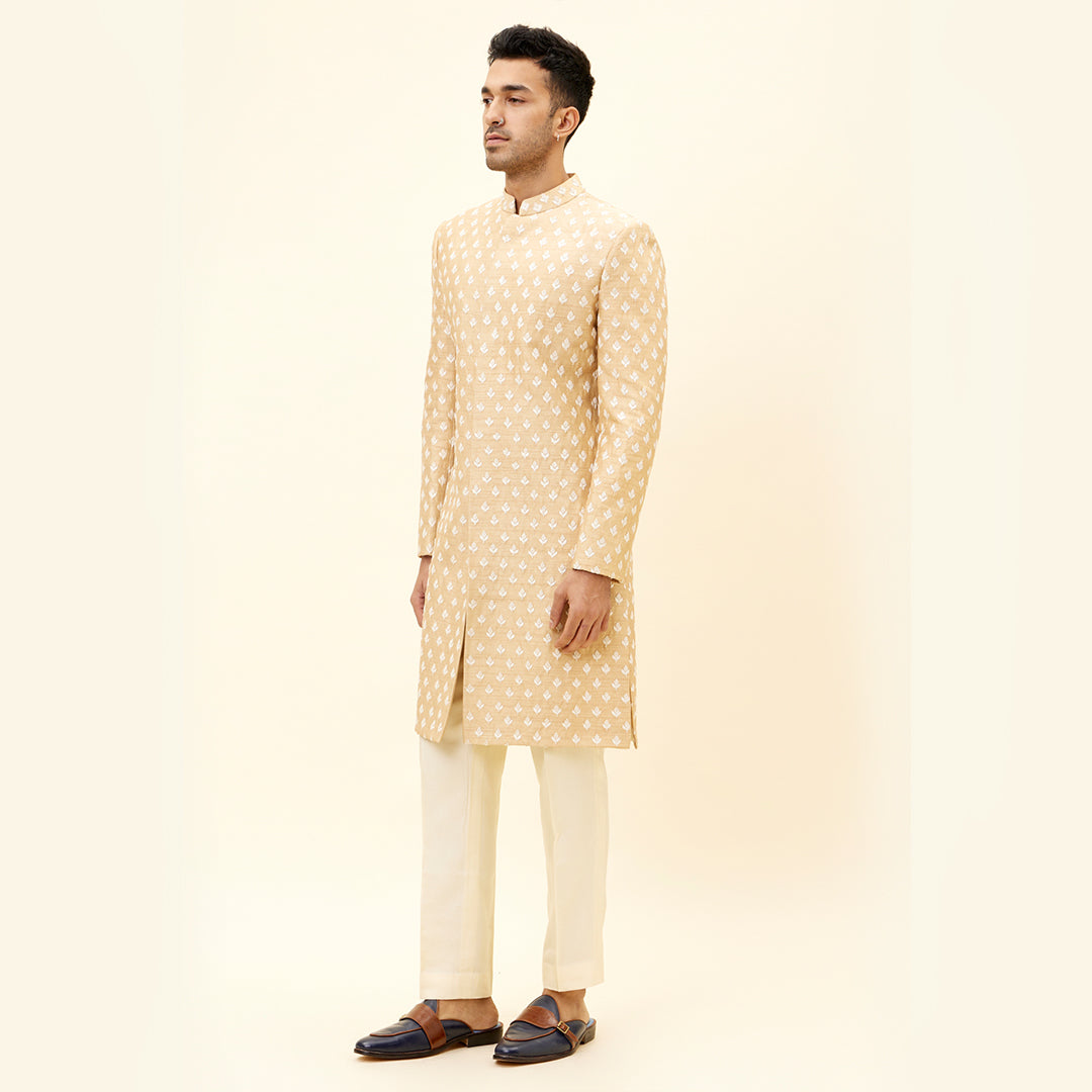 BEIEGE SHERWANI WITH WHITE BUTTI EMB WITH PANTS