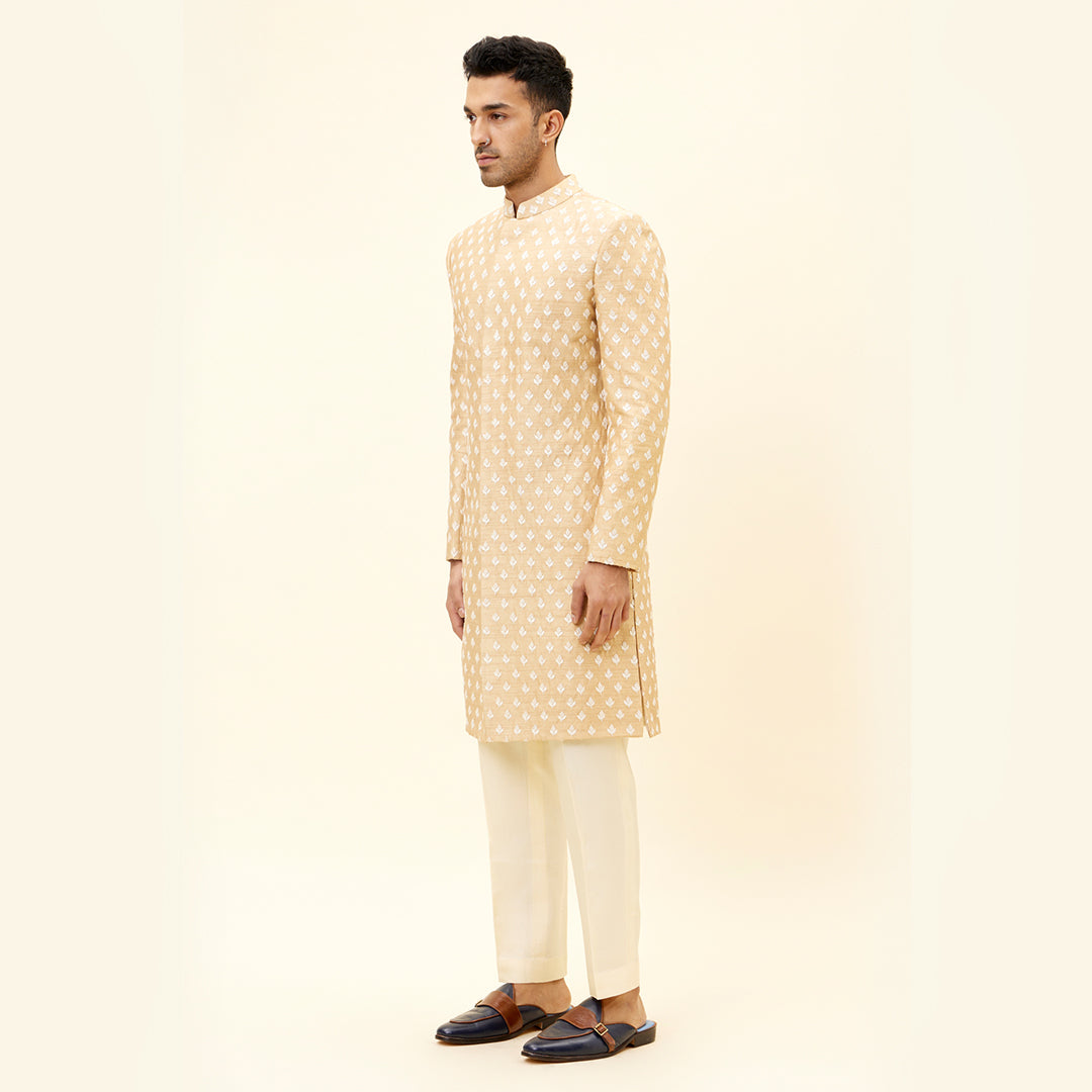 BEIEGE SHERWANI WITH WHITE BUTTI EMB WITH PANTS