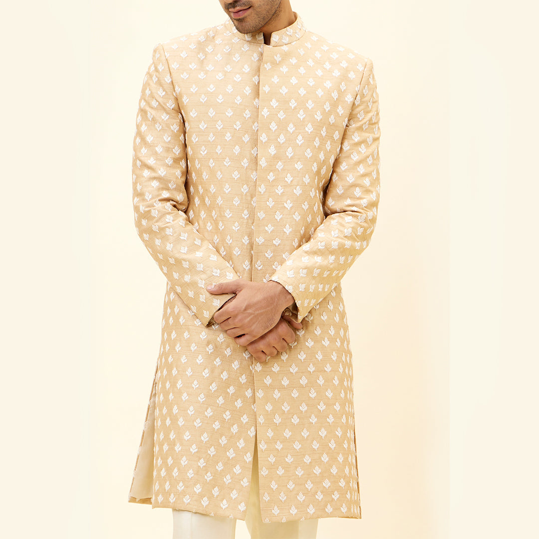 BEIEGE SHERWANI WITH WHITE BUTTI EMB WITH PANTS