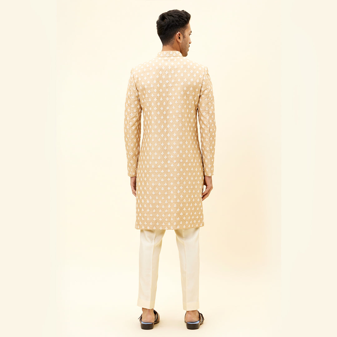 BEIEGE SHERWANI WITH WHITE BUTTI EMB WITH PANTS